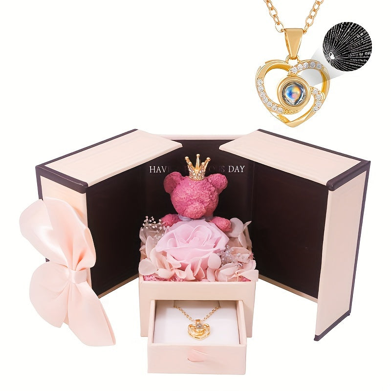 Heart Pendant Necklace with Rose Teddy & Floral Design