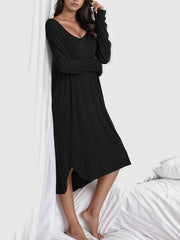 Solid NightDress Long Sleeve V Neck Pajama Dress Women's Sleepwear