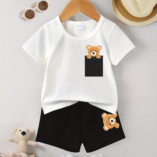 2pcs Bear Graphic Print T-shirt & Shorts Set for Summer