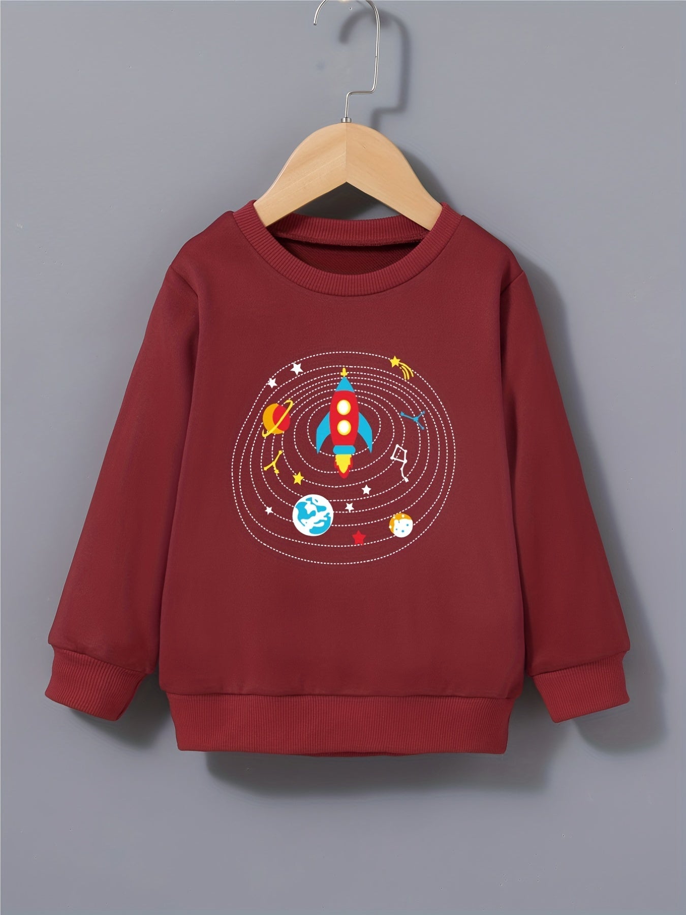 Cartoon Rocket Print Boys Sweatshirt Long Sleeve Crew Neck Tops