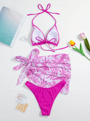 Leaf Print Bikini Set With Cover Up