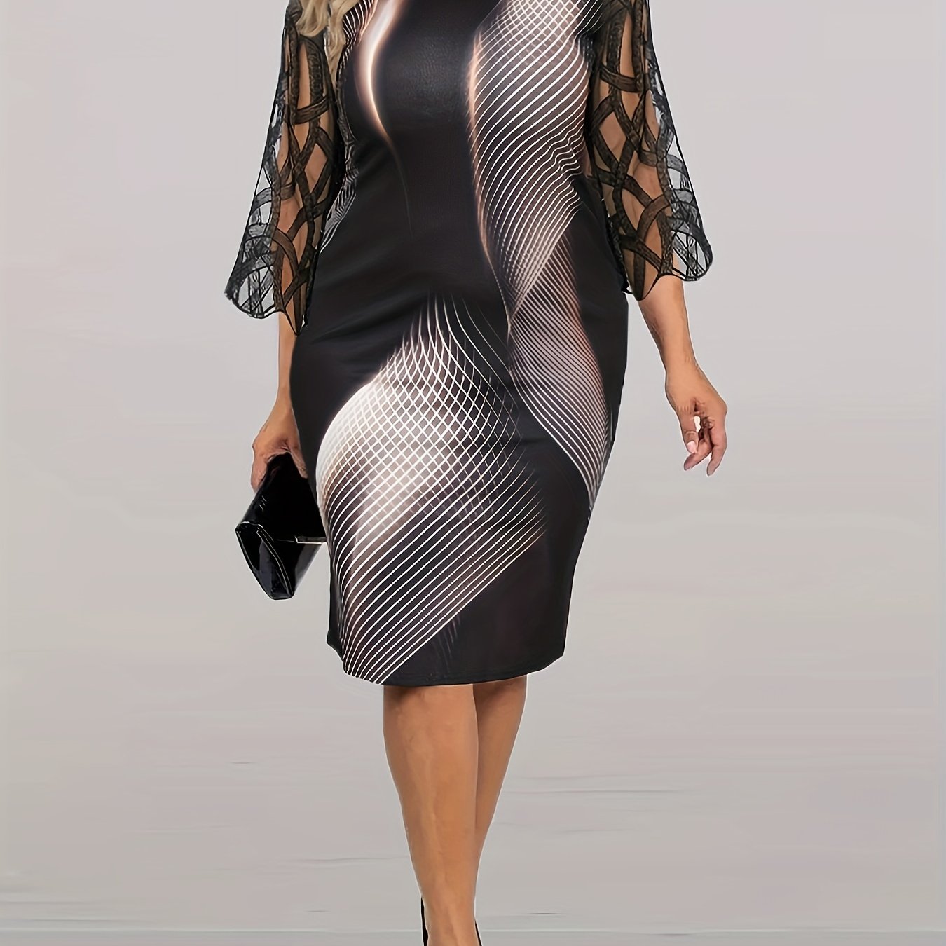  Stripe Print Lace Panel Half Sleeve Round Neck Dress