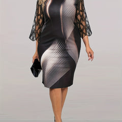  Stripe Print Lace Panel Half Sleeve Round Neck Dress