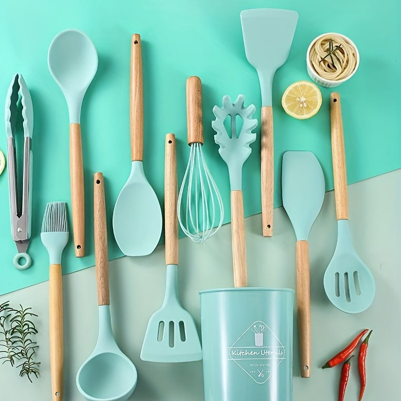 12pcs Wooden Handle Silicone Kitchenware Set