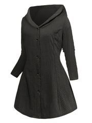  Solid Jacquard Button Up Long Sleeve Hooded Dress