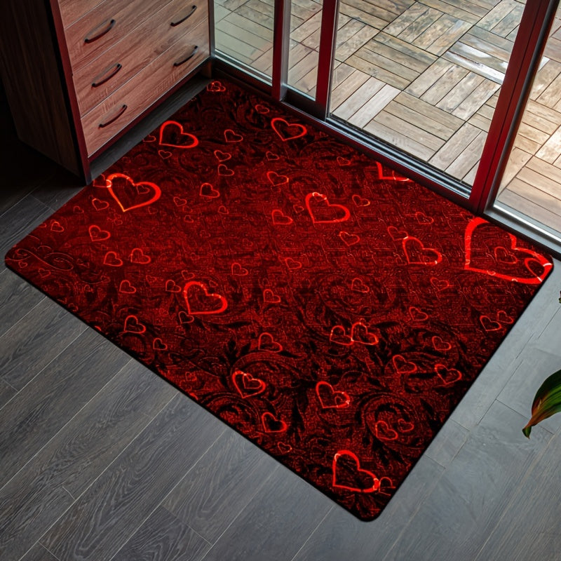 Romantic Red Rose and Red Heart Print Decorative Rug