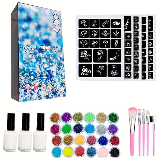 Temporary Glitter Tattoo Kit 24 Colors 200 Stencils 5 Brushes 3 Glue