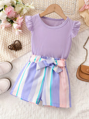 Girls Ruffled Sleeves Tee & Stripe Shorts Set