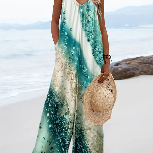 Marble Print Wide Leg Jumpsuit Spaghetti Jumpsuit