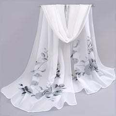 Peony Print Thin Scarf Beach Sunscreen Travel Shawl Vintage Chiffon Silk Scarf