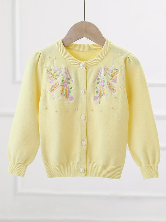 Girls' Floral Embroidered Knit Sweater Cardigan
