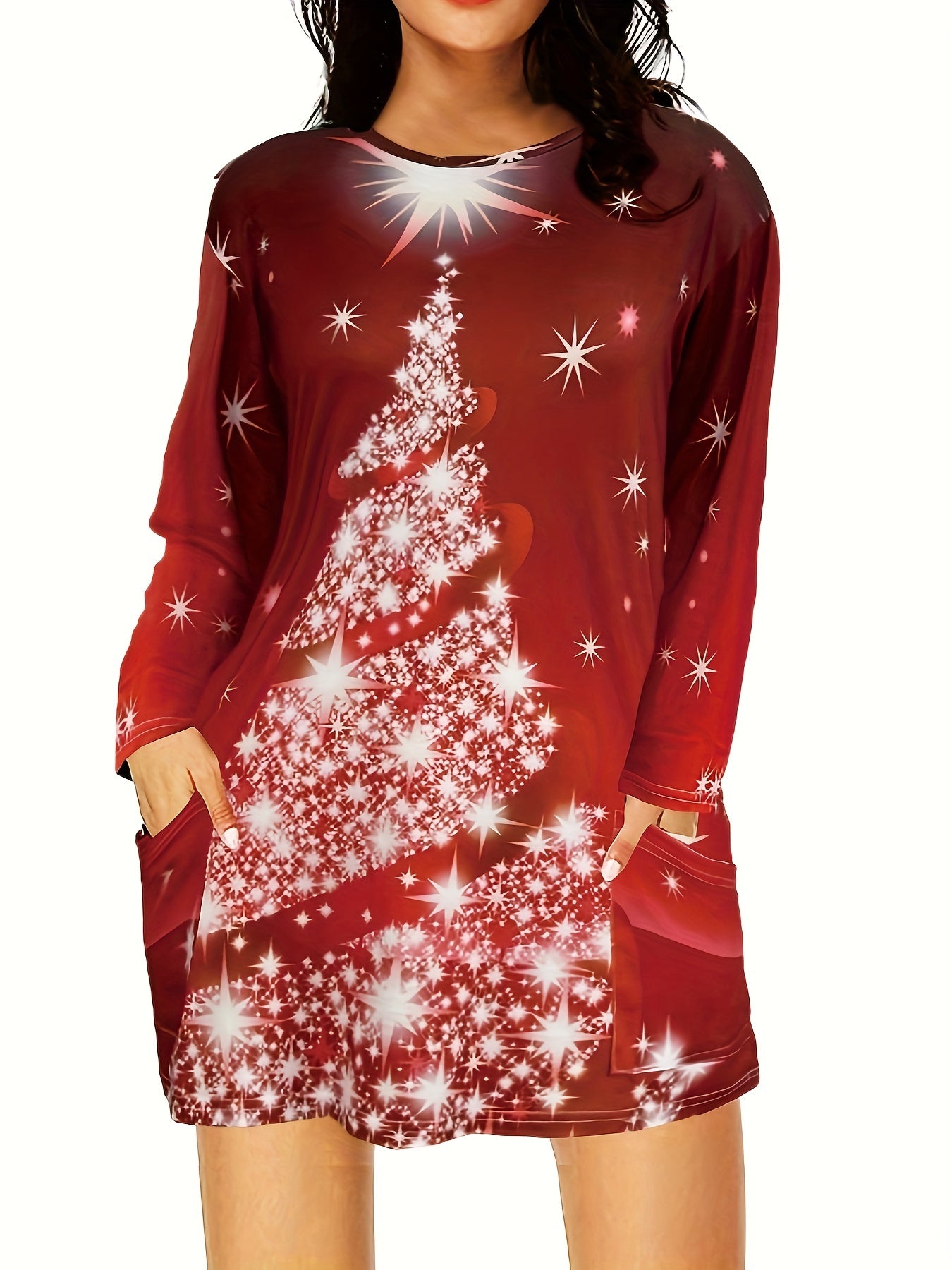 Plus Size Glitter Christmas Tree Print Long Sleeve Round Neck Dress