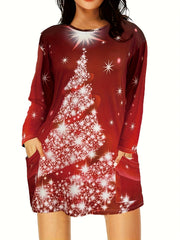 Plus Size Glitter Christmas Tree Print Long Sleeve Round Neck Dress