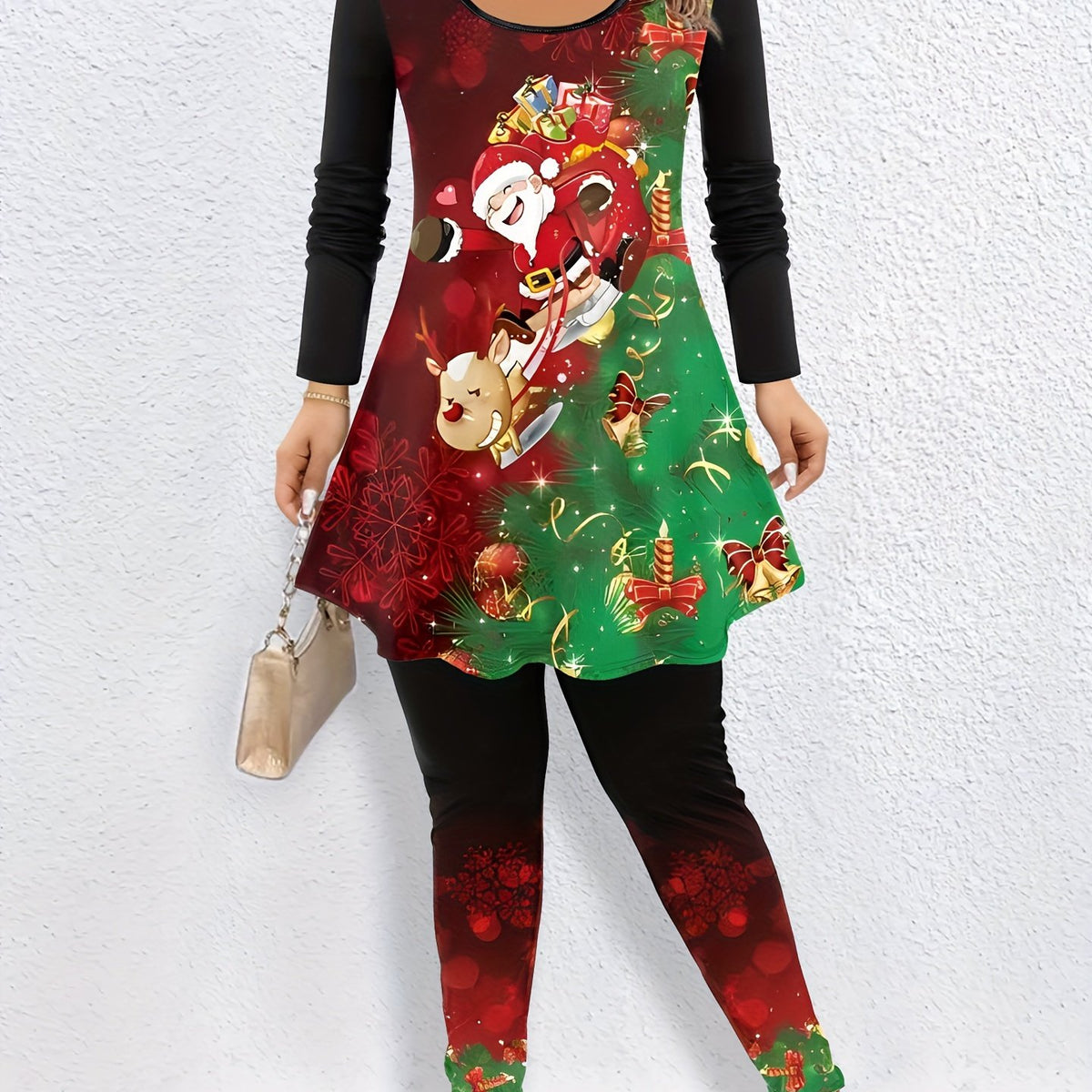 Women's Plus Size Santa Claus & Elk Print Peplum Top & Leggings Set