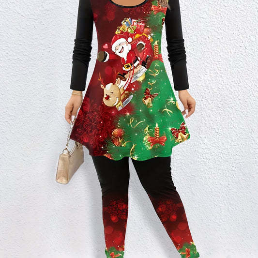 Women's Plus Size Santa Claus & Elk Print Peplum Top & Leggings Set