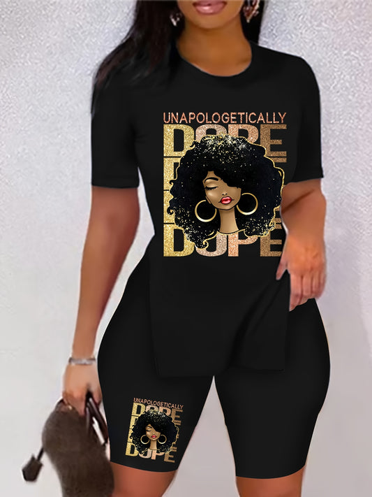 Lady Print Two piece Set Short Sleeve Crew Neck Side Split C