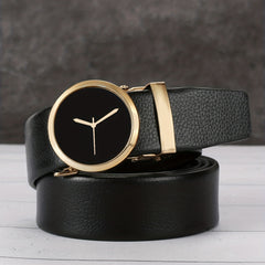 Men's Round Clock Automatic Buckle PU Leather Belt