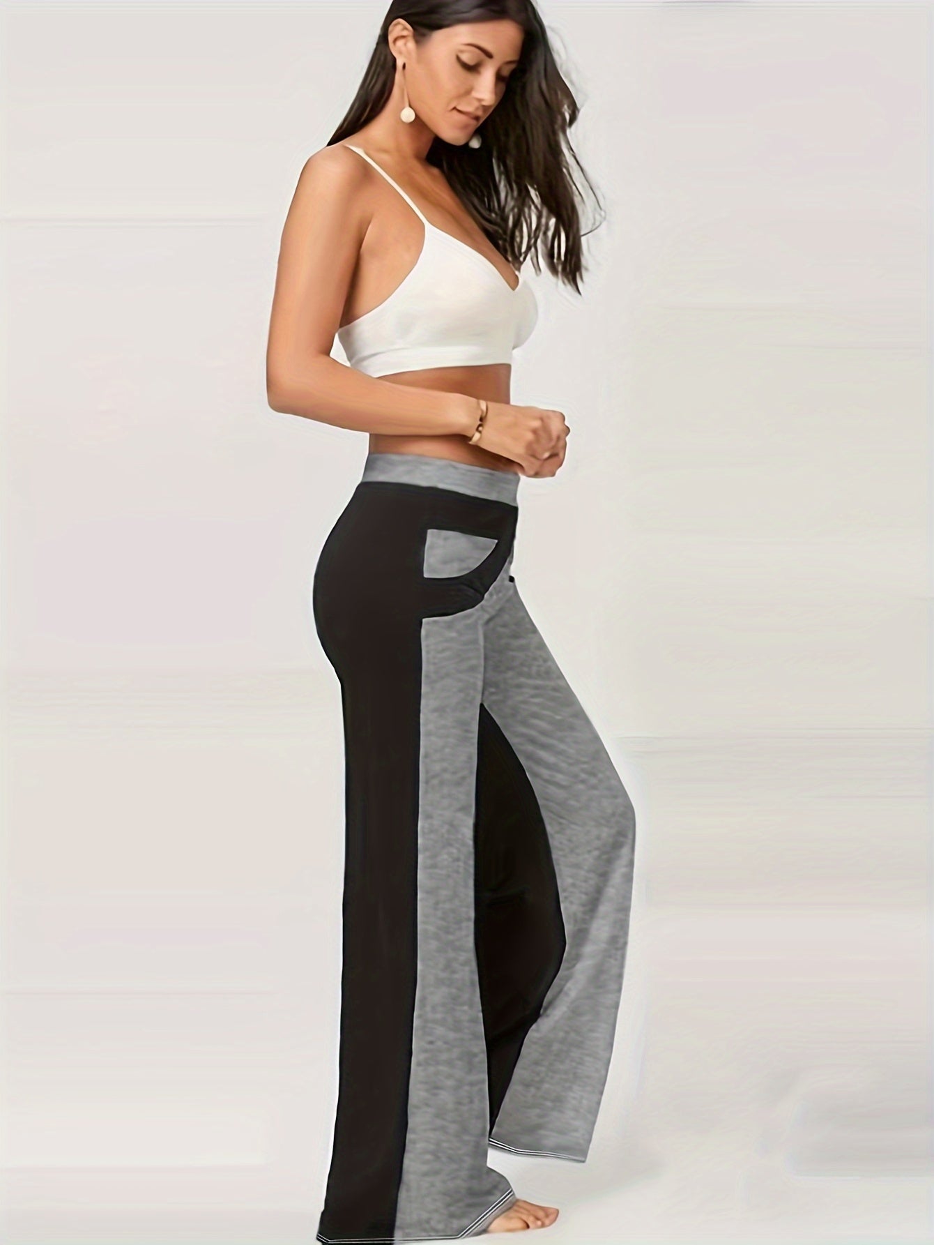  Colorblock Flared Leg Pants High Rise Elastic Waist