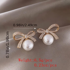18K Plated Bow Rhinestone Pearl Stud Earrings Women's Jewelry