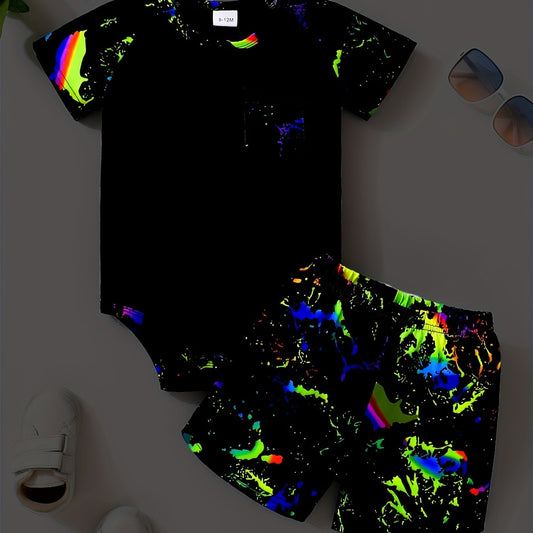 Graffiti Glow In The Dark Print Romper & Shorts Set