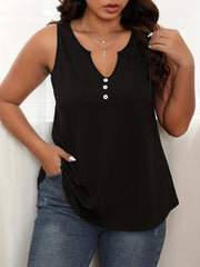  Solid Button Notched Neck Tank Top