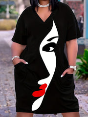  Colorblock Abstract Figure Print V Neck Stretch Dress
