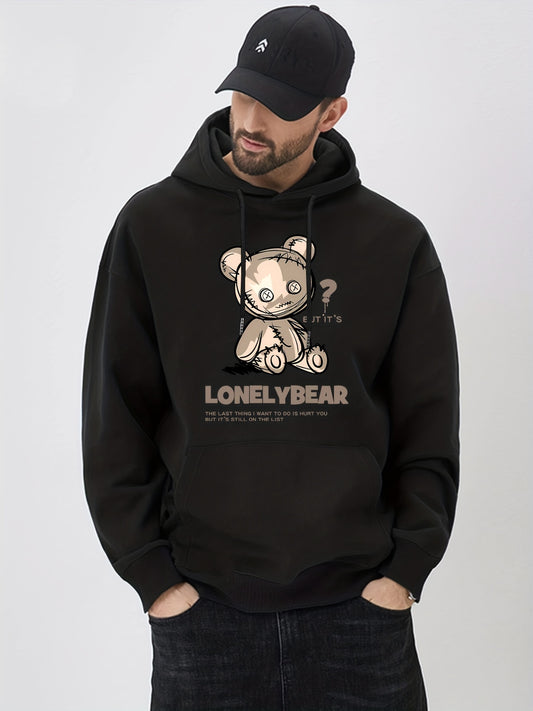Lonely Bear Print Hoodie Pullover Sweatshirt Men Streetwear