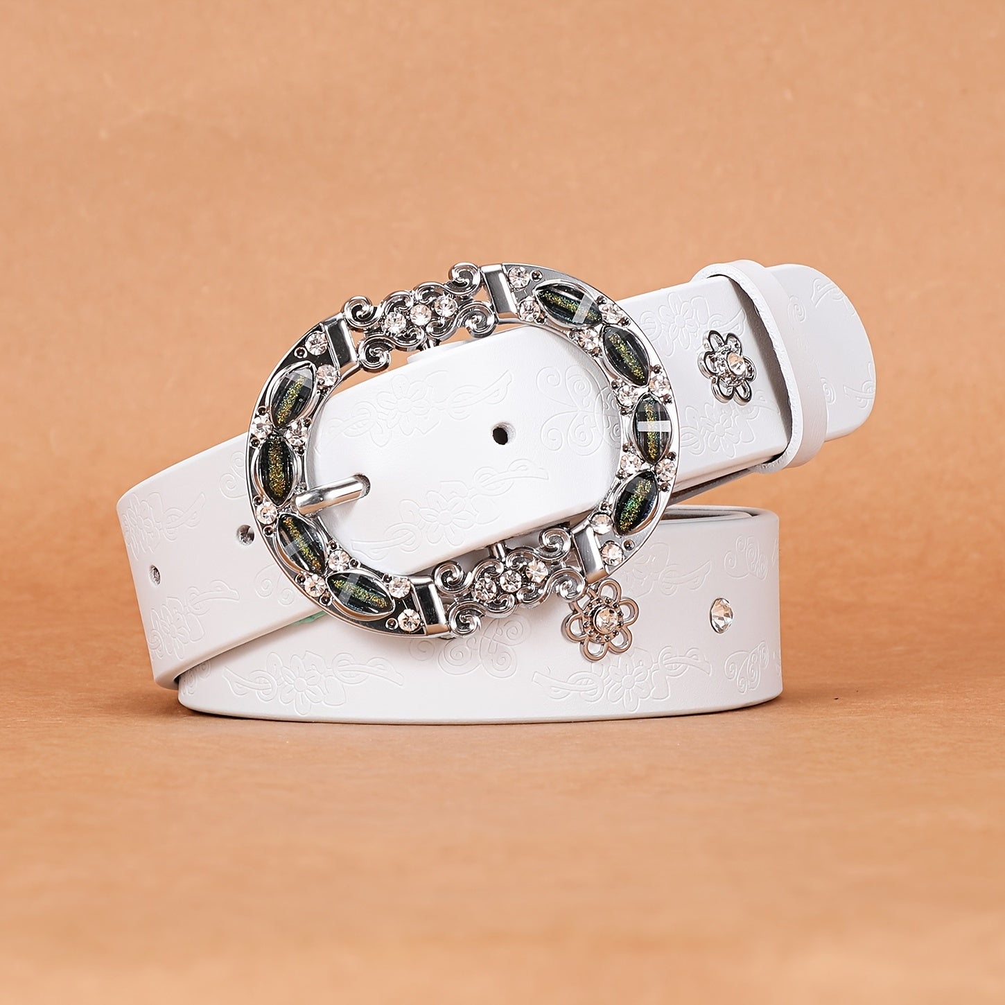 Women's Leather Belt Oval Metal Pin Buckle Inlaid Rhinestone Crystal