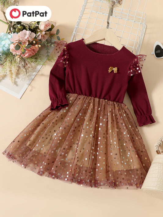 Sequin Stars Tulle Dress Long Sleeve Party Outfit