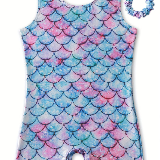Girls Sweet Fish Scale Pattern Sleeveless Gymnastics Dancing Suit