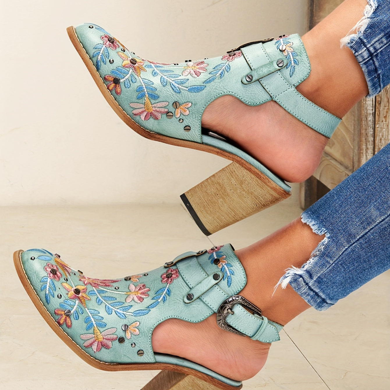 Embroidered & Studded Chunky Heeled Boots