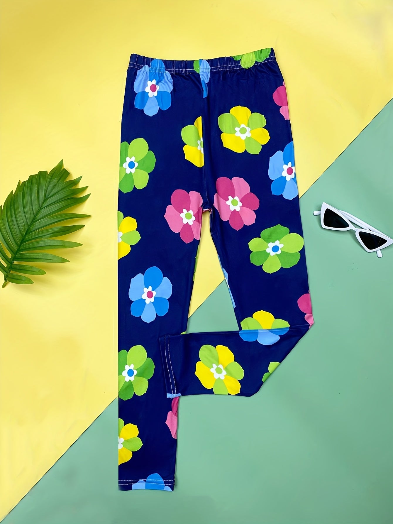 Girls Colorful Flowers Stretch Yoga Pants High Waist Slim Leggings
