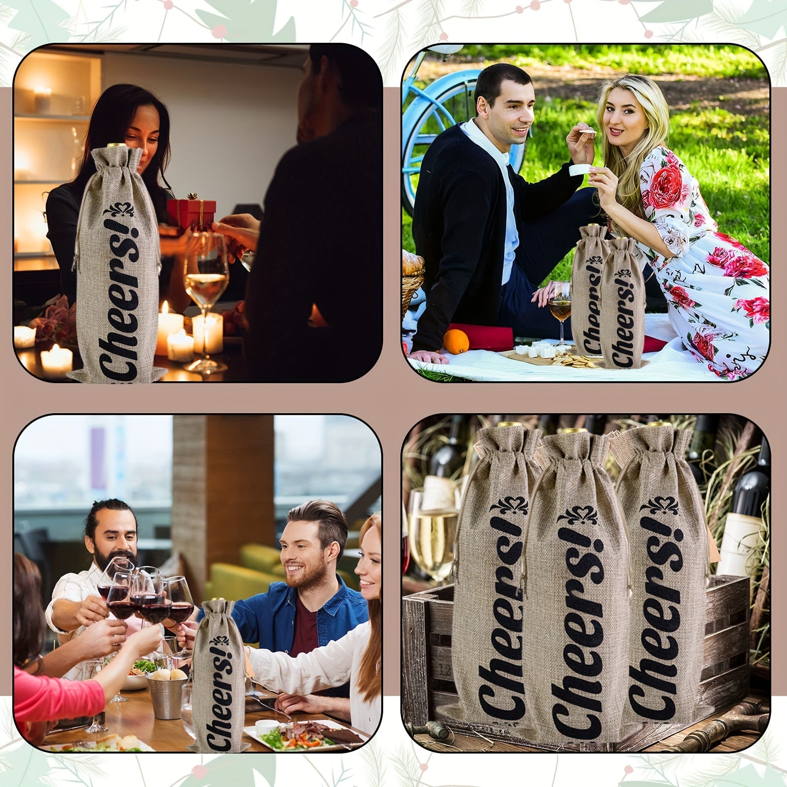 5-Piece Linen Wine Gift Bag Set with Drawstring - Wine Wrapping Bags for Bottles