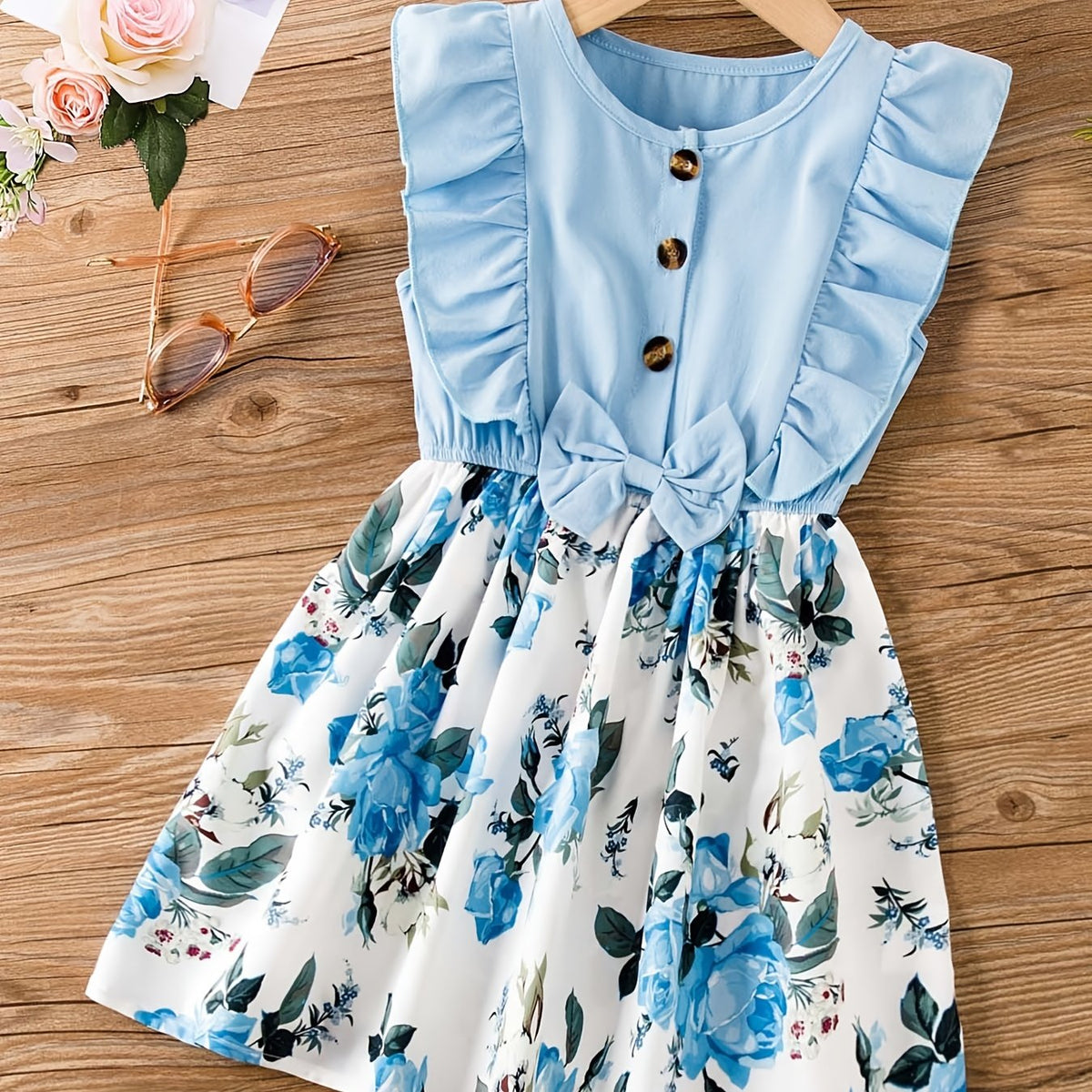 Girls Casual Ruffled Dress with Flower Print Bow for Summer