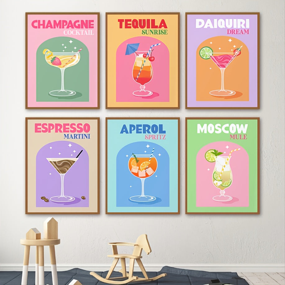 6pcs Colorful Cocktail Printed Paintings For Bar Cart Gallery Retro Wall Arts