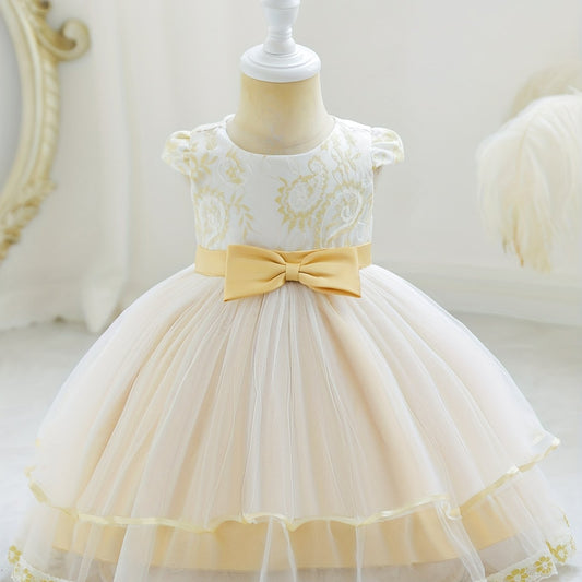 Girls Floral Embroidered Bow Princess Dress Kids Birthday Banquet Mesh Gown
