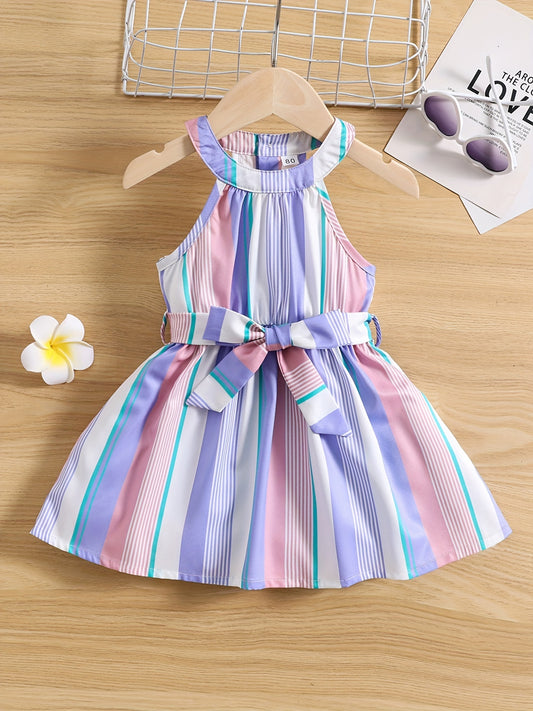 Toddler Girl's Striped Sleeveless Ruffle Dress with Belt