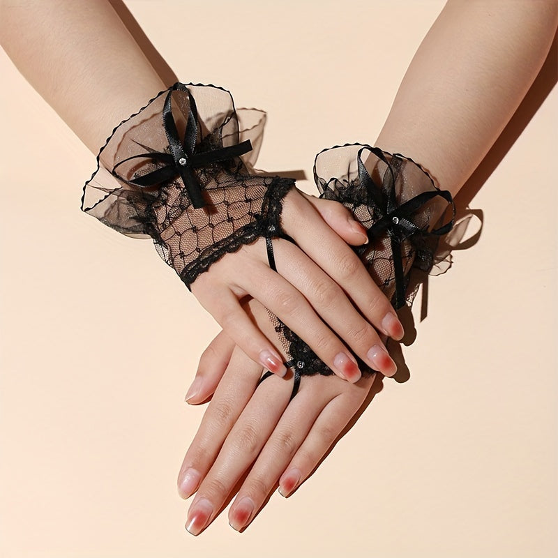Sweet Bow Lace Gloves Solid Mesh Fingerless Gloves