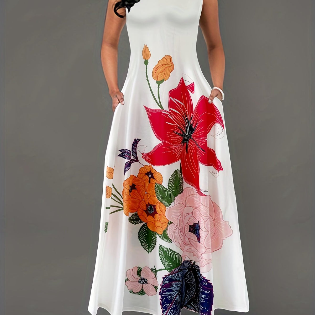  Floral Print Maxi Tank Dress with Pockets
