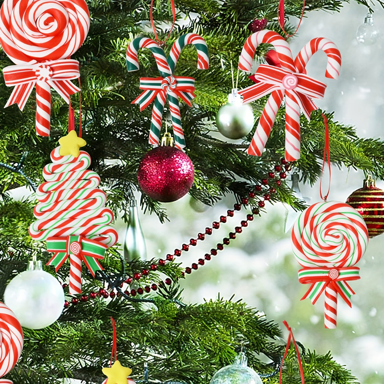 Christmas Lollipop Ornaments Set, Polymer Clay Candy Cane Hanging Decor