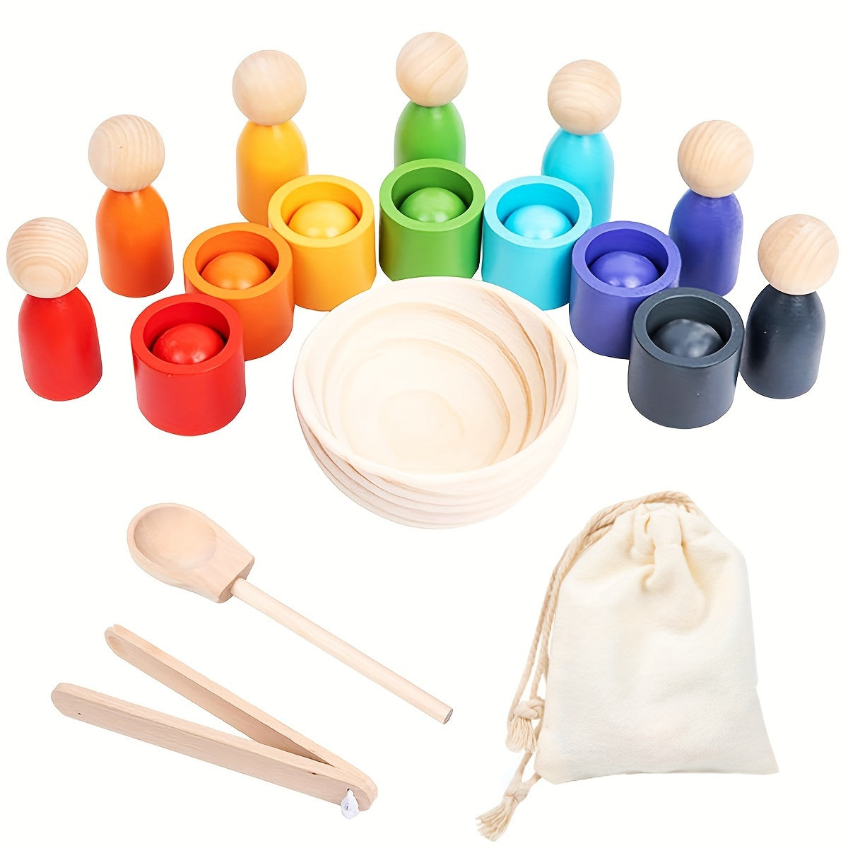 Wooden Rainbow Ball Matching and Sorting Game - Educational Preschool Toy