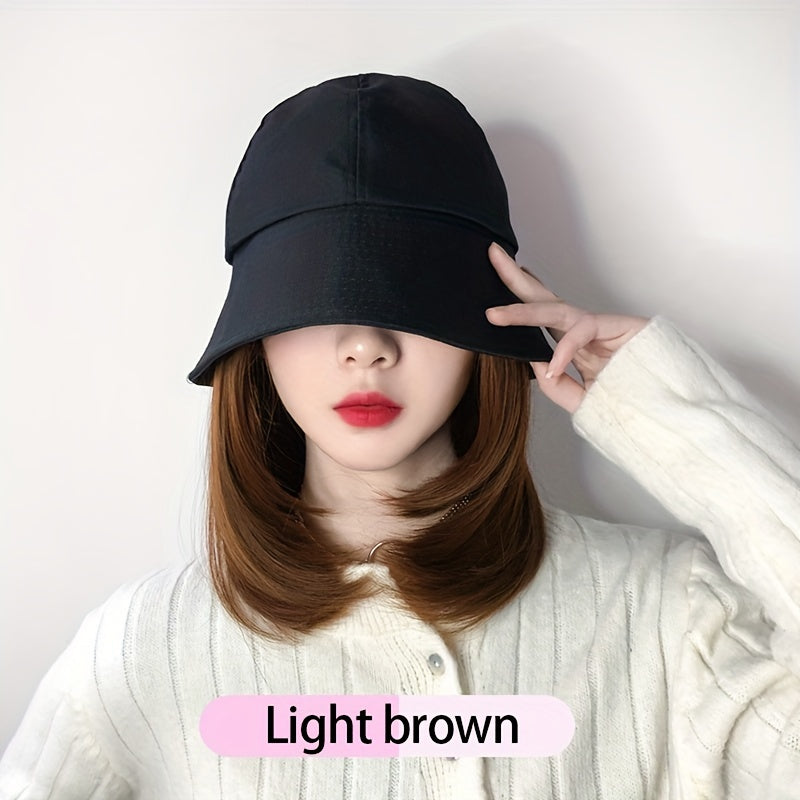 Women's Bucket Hat Wig Shoulder Length Curly Hair Solid Outdoor Sunscreen Hat