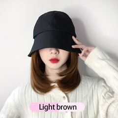 Women's Bucket Hat Wig Shoulder Length Curly Hair Solid Outdoor Sunscreen Hat