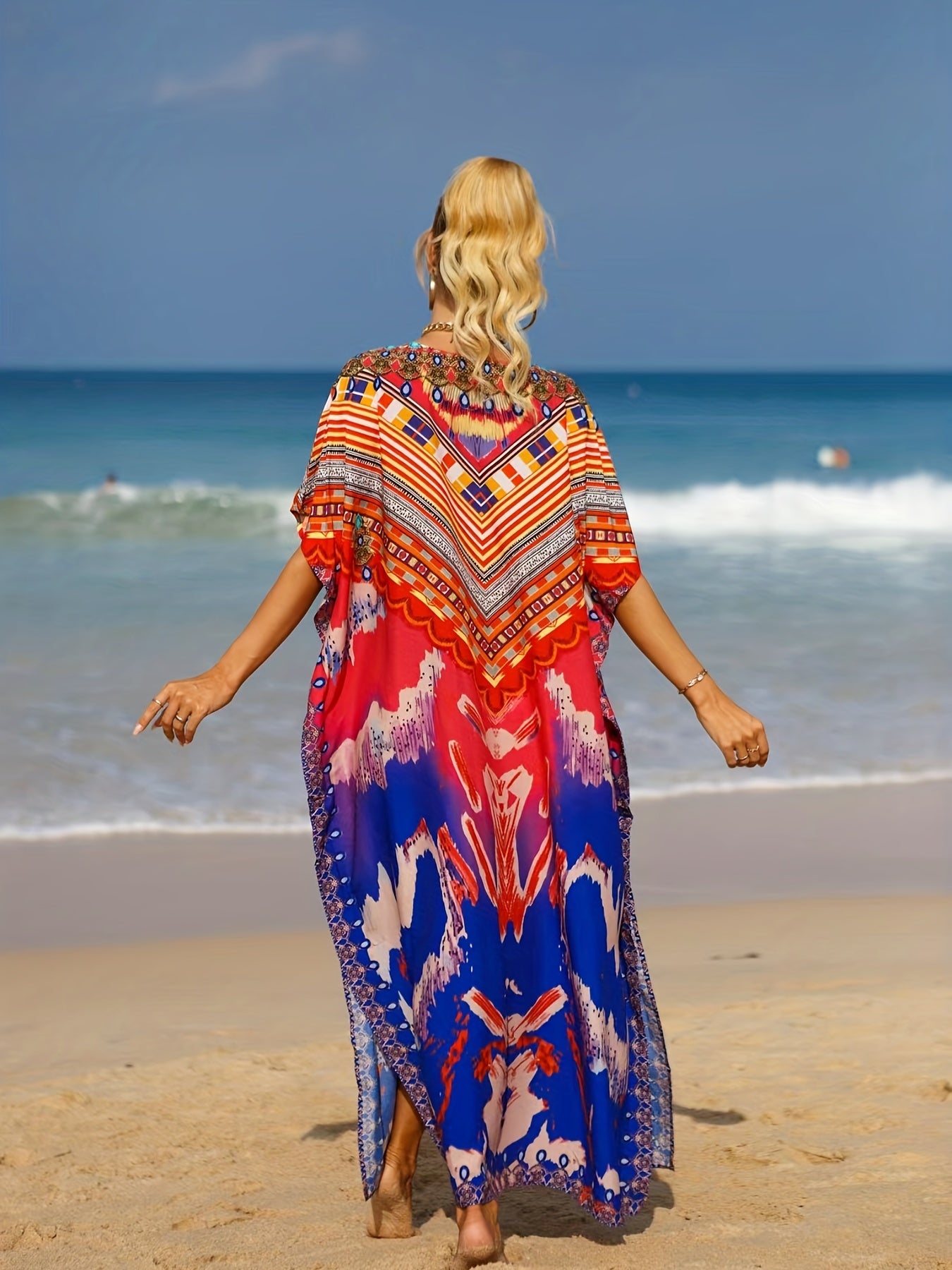  Geometric Print Bat Sleeve V Neck Cover Up Dress