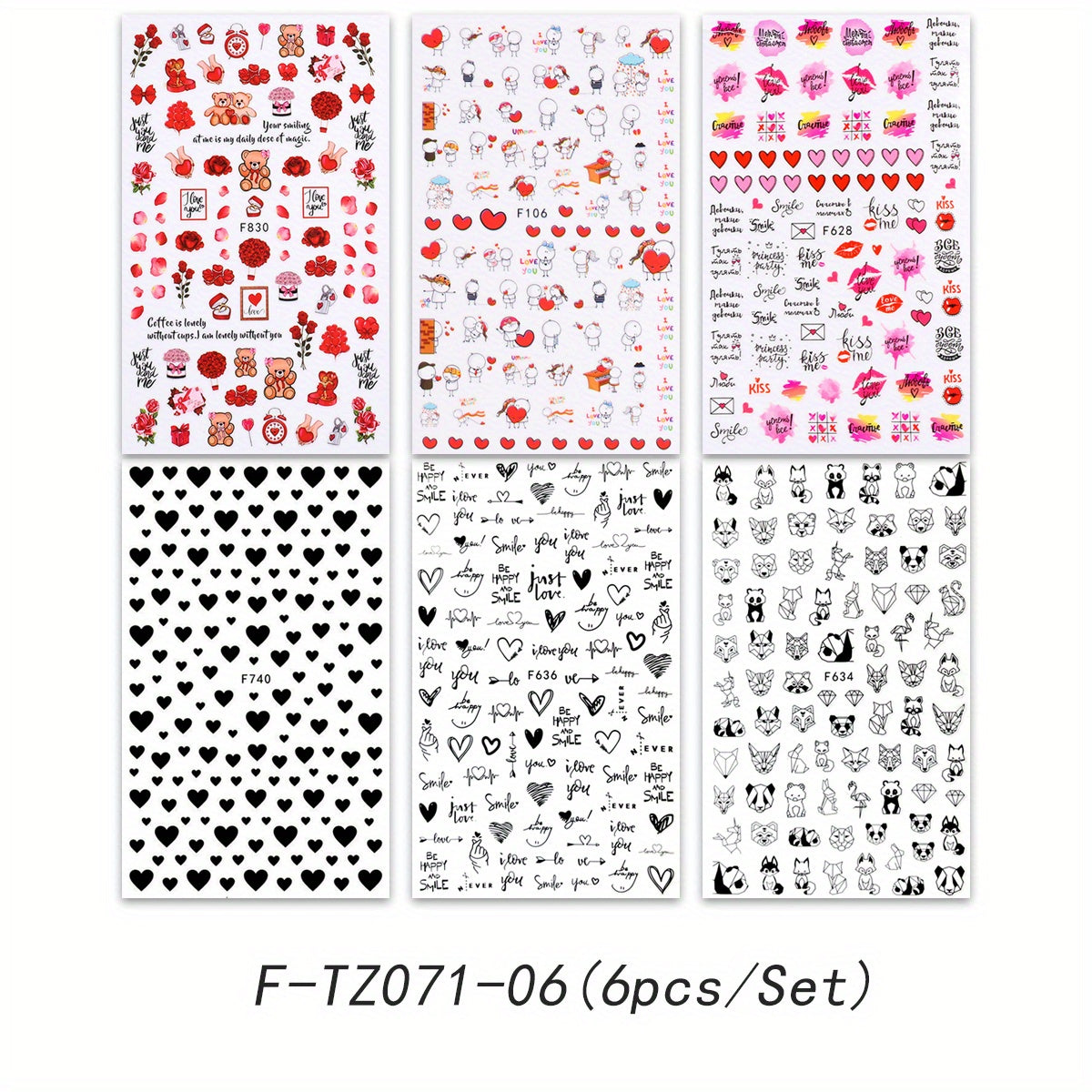 6 Sheets Heart Nail Art Stickers Self Adhesive Cartoon Decals