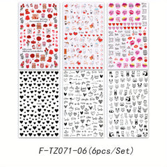 6 Sheets Heart Nail Art Stickers Self Adhesive Cartoon Decals