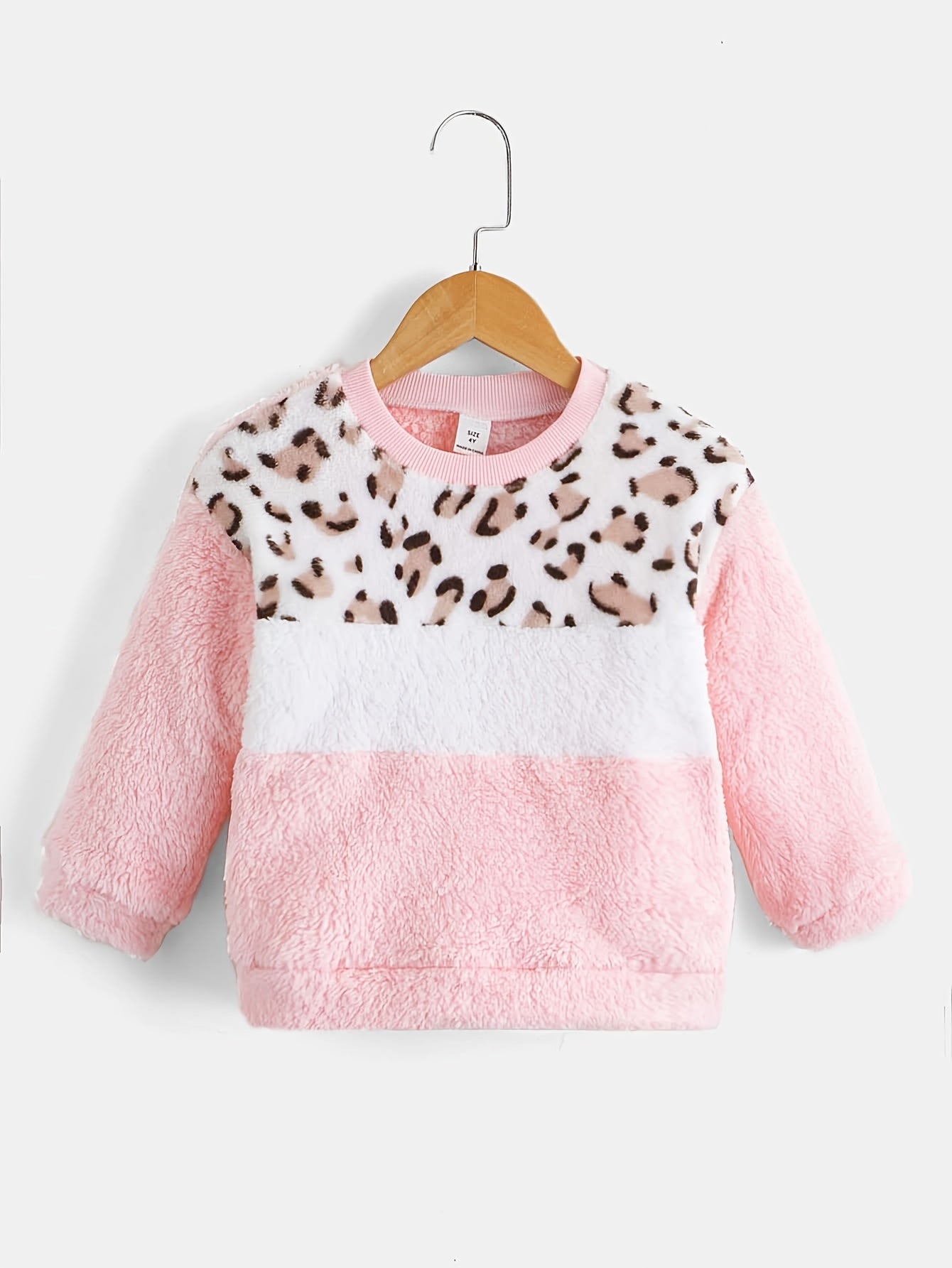 Girl's Plush Sweater With Leopard Print Crew Neck Fleece Sweatshirt
