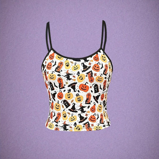 Pumpkin & Witch Print Cami Top Sleeveless Women's Clothing
