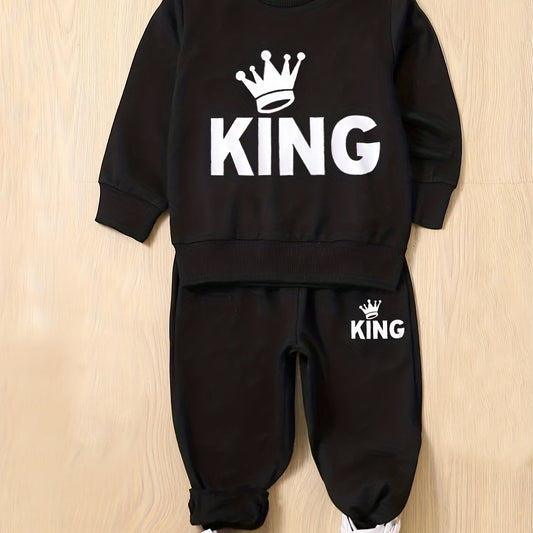 Boy's KING Print 2pcs Sweatshirt & Sweatpants Set Cartoon Crown Pattern