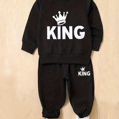Boy's KING Print 2pcs Sweatshirt & Sweatpants Set Cartoon Crown Pattern